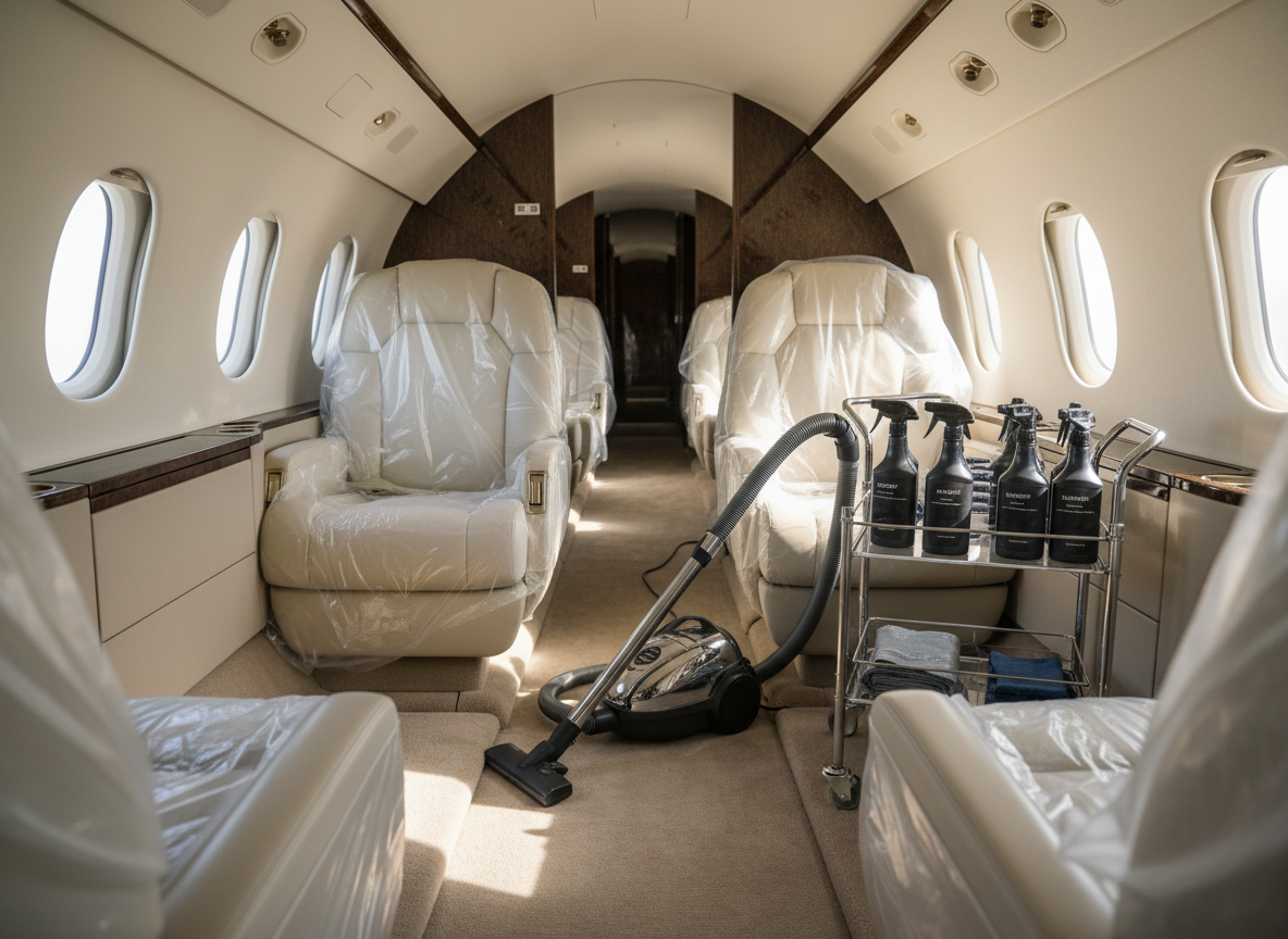 Private jet cabin mid-detailing with aviation-safe cleaning products