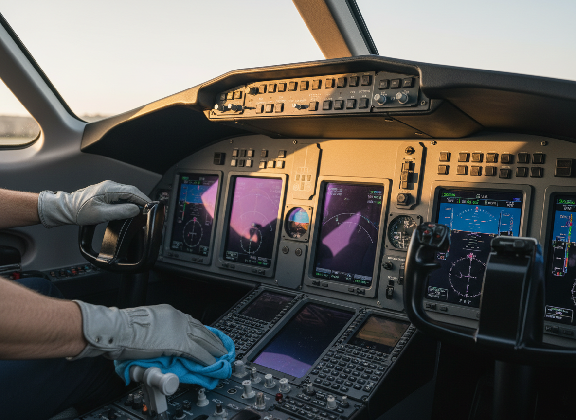 Detailer cleaning a private jet cockpit instrument panel