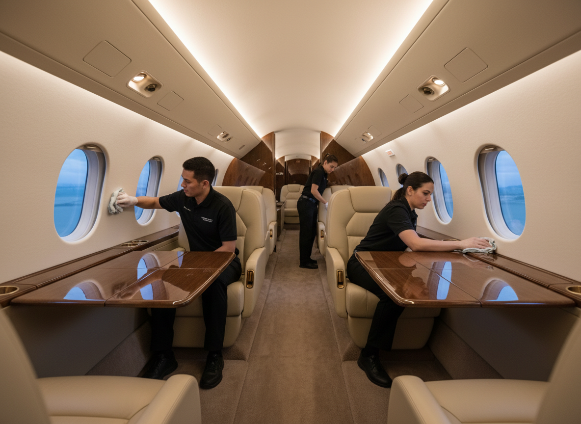 Cream leather seats in a private jet cabin being cleaned and conditioned