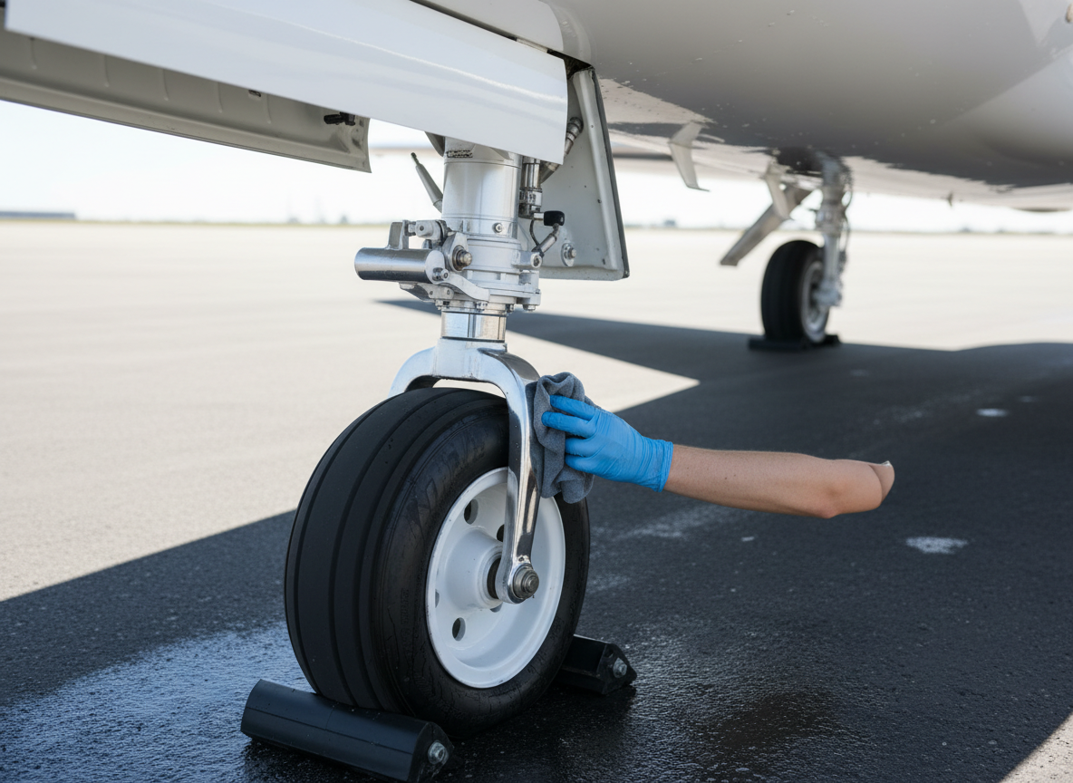 Detailer polishing a private jet's landing gear and wheel well