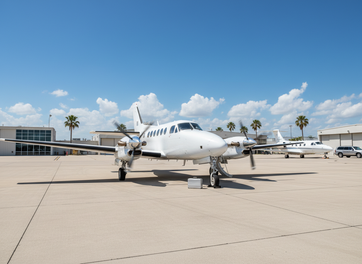 Freshly detailed turboprop aircraft on a sunlit airport ramp