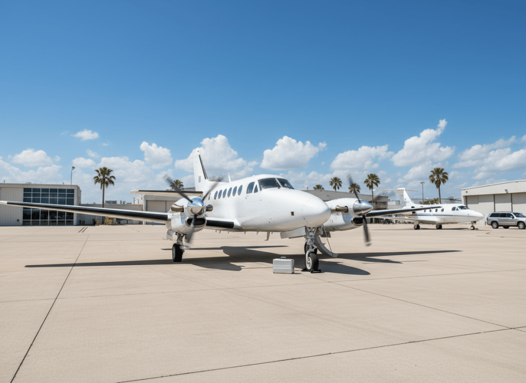 Freshly detailed turboprop aircraft on a sunlit airport ramp