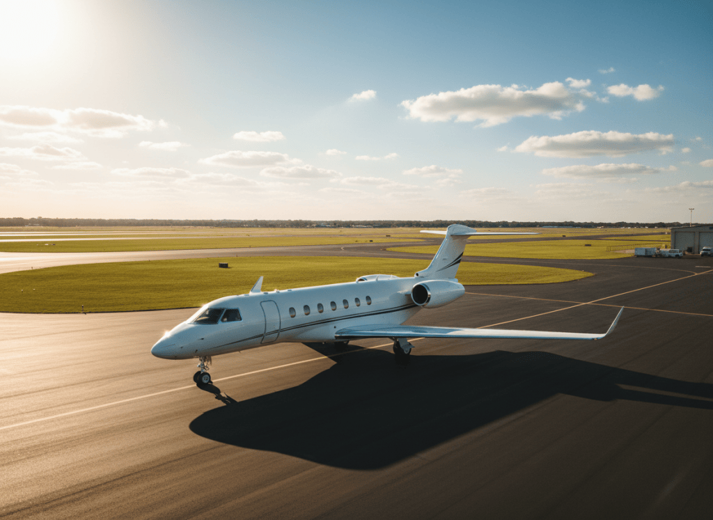 Wide aerial view of a private jet on a sunny Chicago-area tarmac